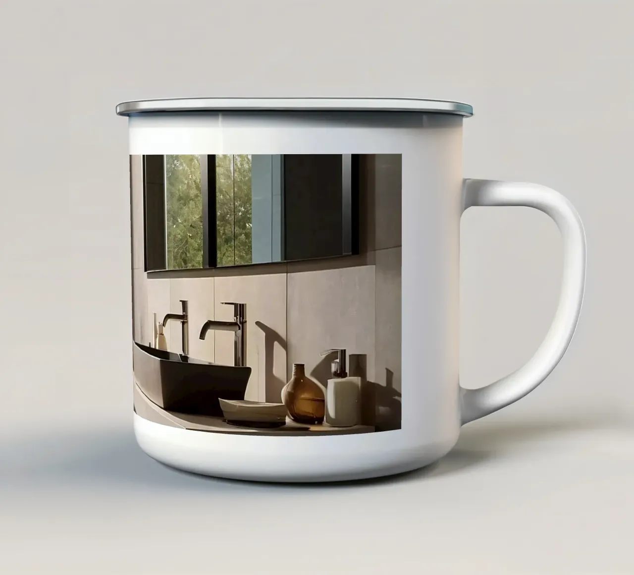 Modern badkamerontwerp met grote ramen en natuurlijk licht emaille mok van DesignDoodle
