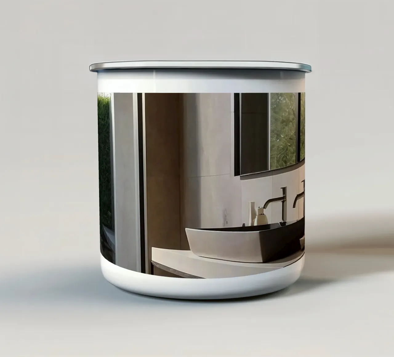 Modern badkamerontwerp met grote ramen en natuurlijk licht emaille mok van DesignDoodle