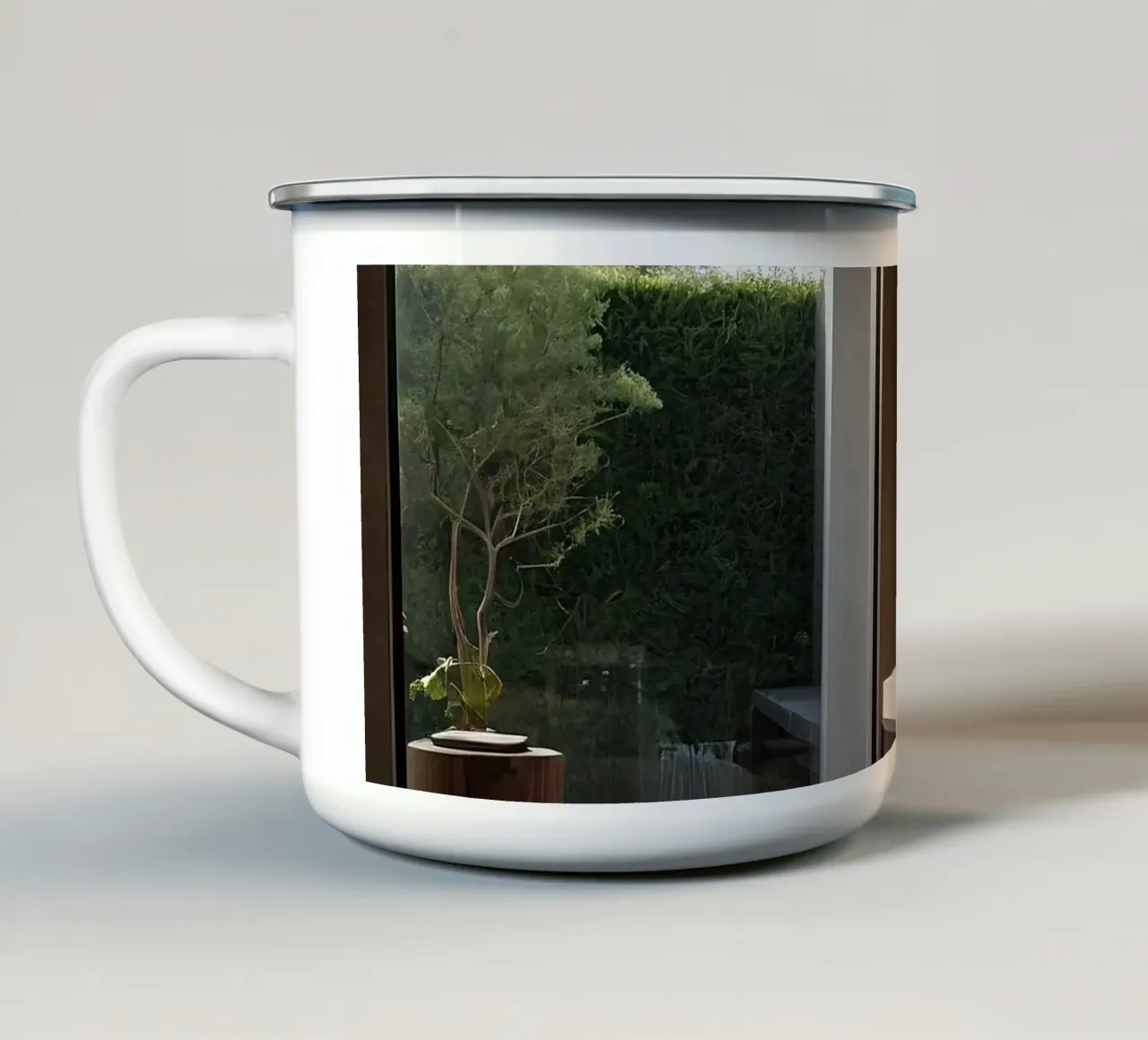 Modern badkamerontwerp met grote ramen en natuurlijk licht emaille mok van DesignDoodle