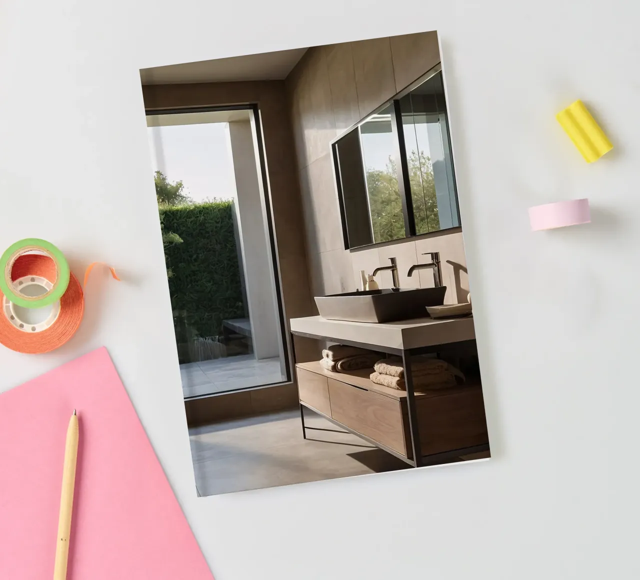 Modern bathroom design with large windows and natural light notebook by DesignDoodle