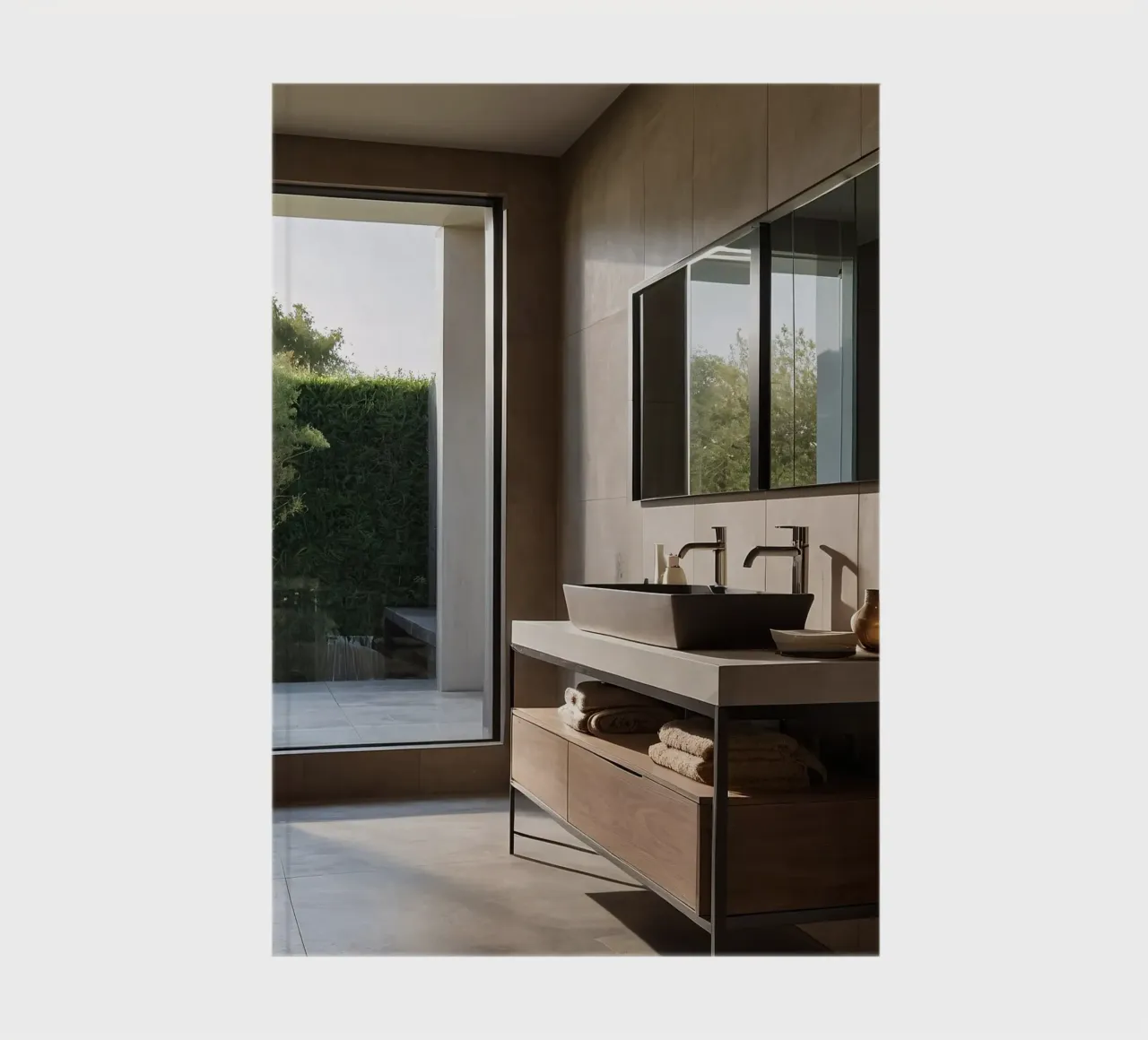 Modern bathroom design with large windows and natural light notebook by DesignDoodle