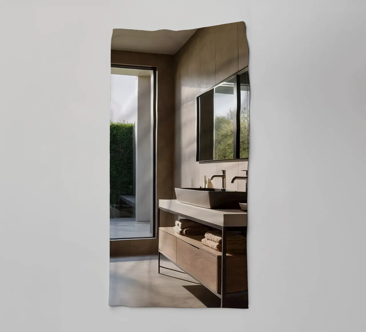 Modern bathroom design with large windows and natural light towel by DesignDoodle
