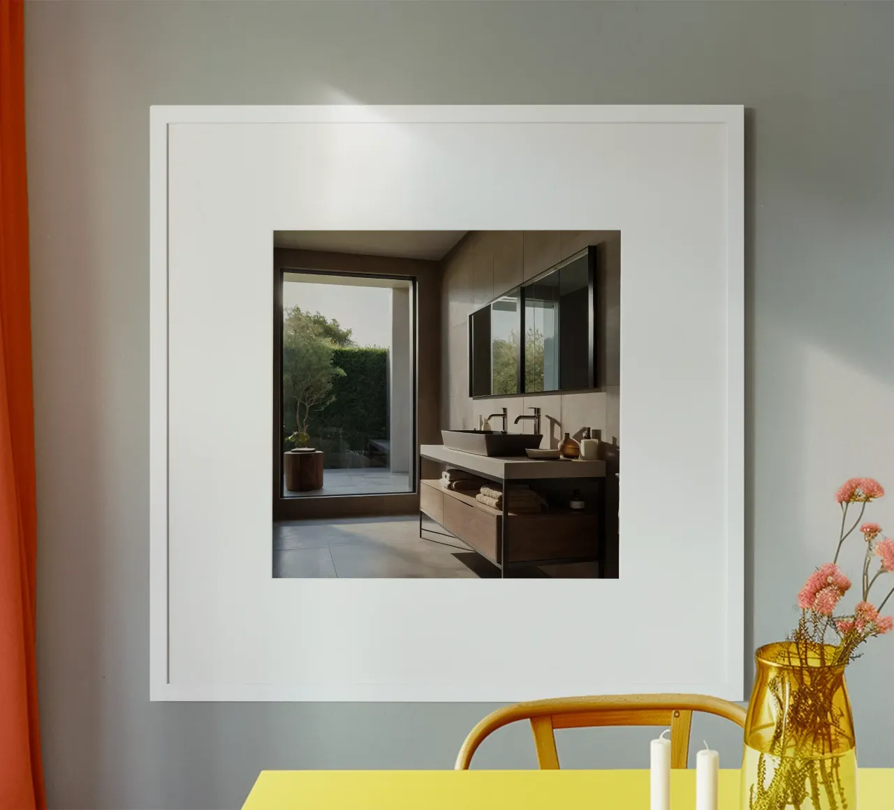 Modern badkamerontwerp met grote ramen en natuurlijk licht poster met kunststof frame van DesignDoodle