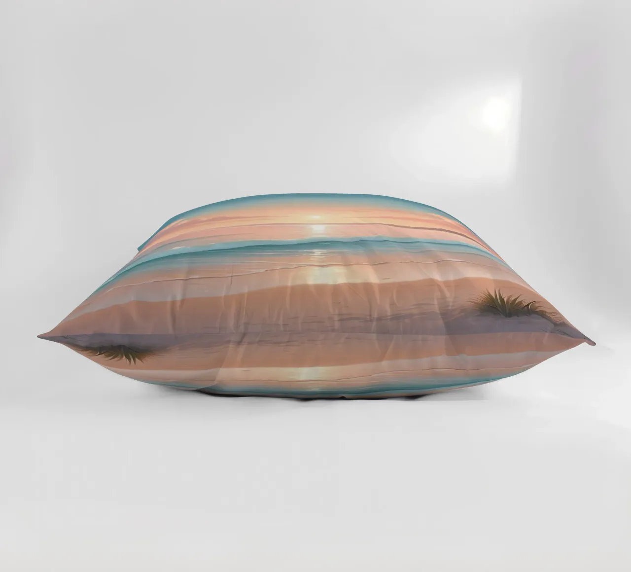 Beautiful sunset over tranquil beach with gentle waves decorative cushion by DesignDoodle