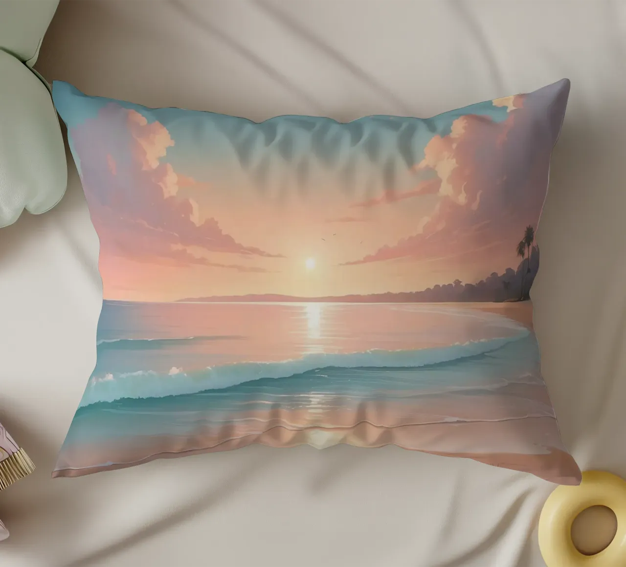 Beautiful sunset over tranquil beach with gentle waves decorative cushion by DesignDoodle