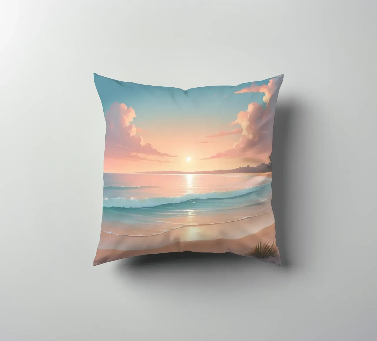 Beautiful sunset over tranquil beach with gentle waves decorative cushion by DesignDoodle