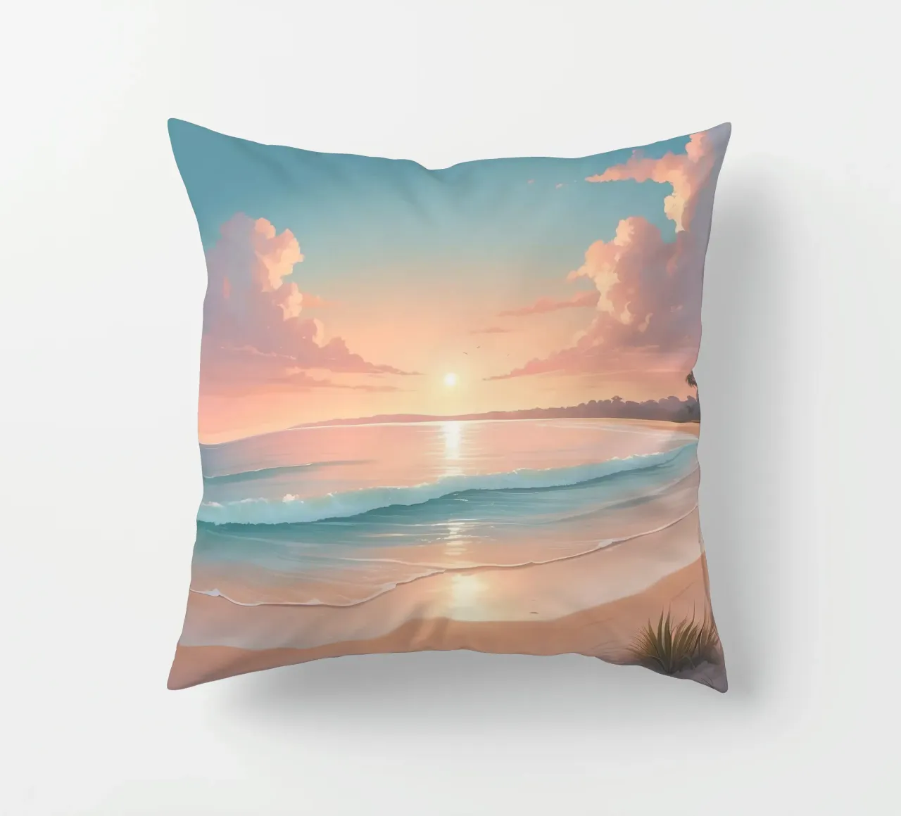 Beautiful sunset over tranquil beach with gentle waves decorative cushion by DesignDoodle