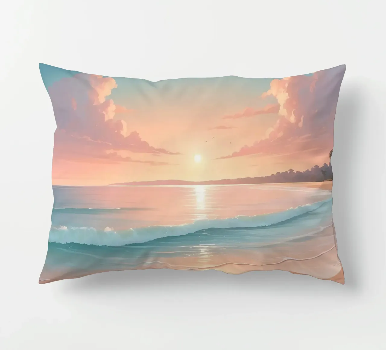 Beautiful sunset over tranquil beach with gentle waves decorative cushion by DesignDoodle