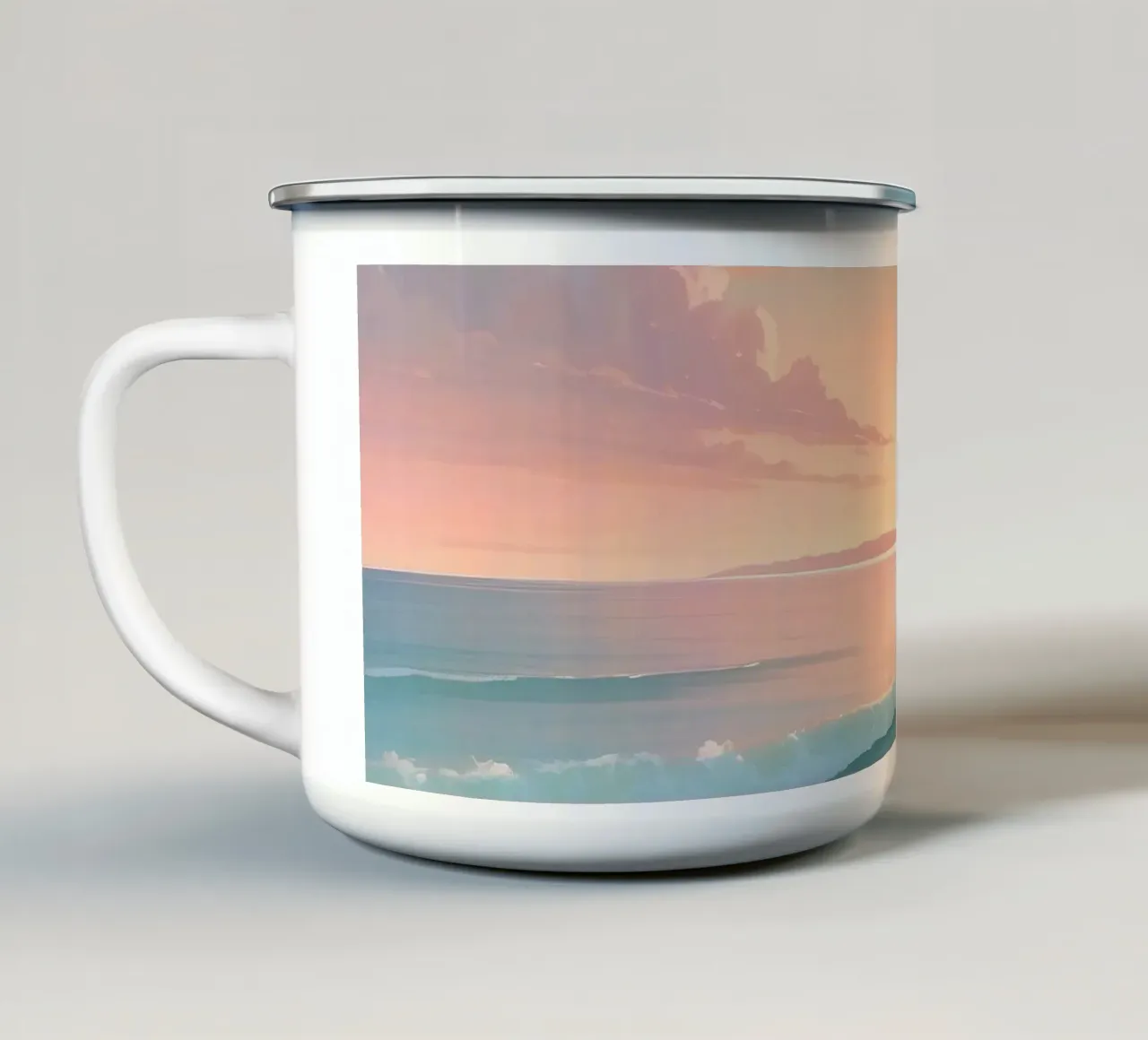 Splendido tramonto su una spiaggia tranquilla con dolci onde tazza in smalto da DesignDoodle