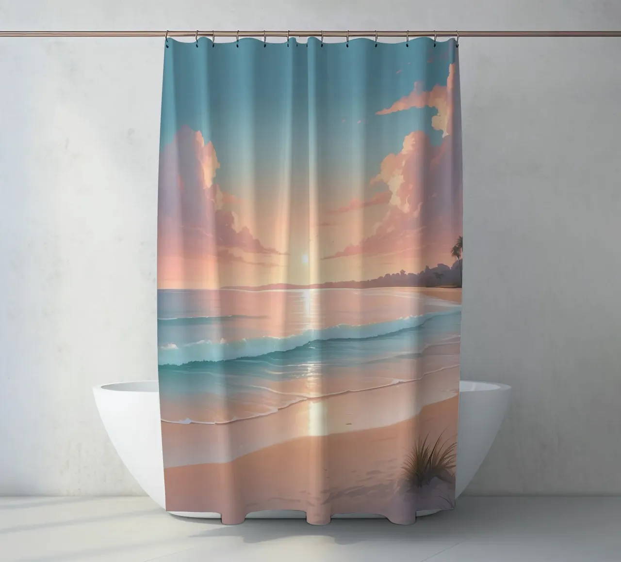 Prachtige zonsondergang over rustig strand met zachte golven douchegordijn van DesignDoodle