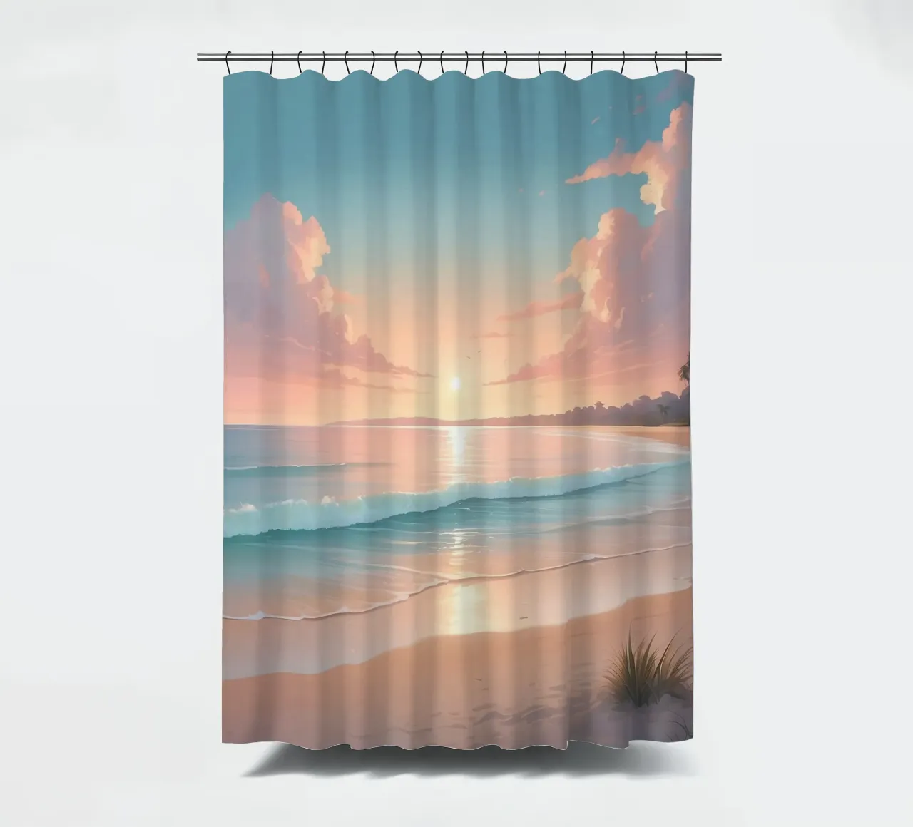 Prachtige zonsondergang over rustig strand met zachte golven douchegordijn van DesignDoodle