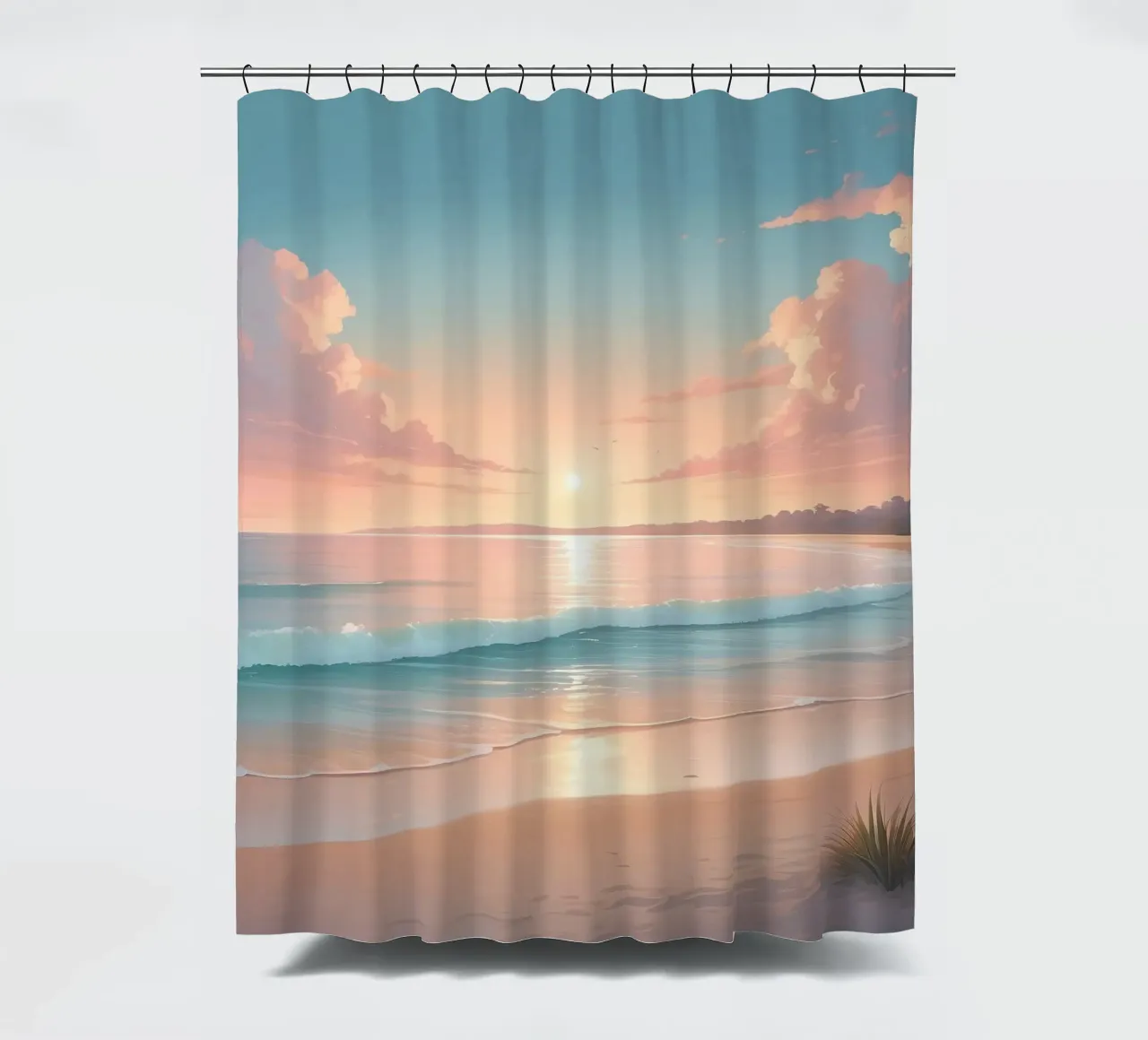 Prachtige zonsondergang over rustig strand met zachte golven douchegordijn van DesignDoodle