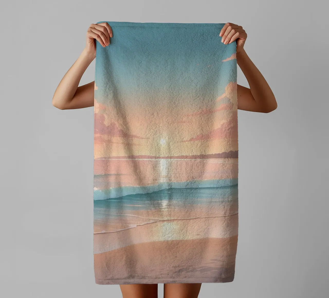 Prachtige zonsondergang over rustig strand met zachte golven badhanddoek van DesignDoodle