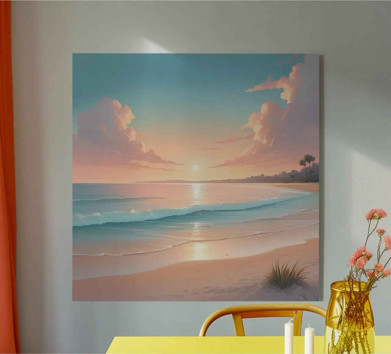 Hermosa puesta de sol en una playa tranquila con suaves olas metacrilato de DesignDoodle