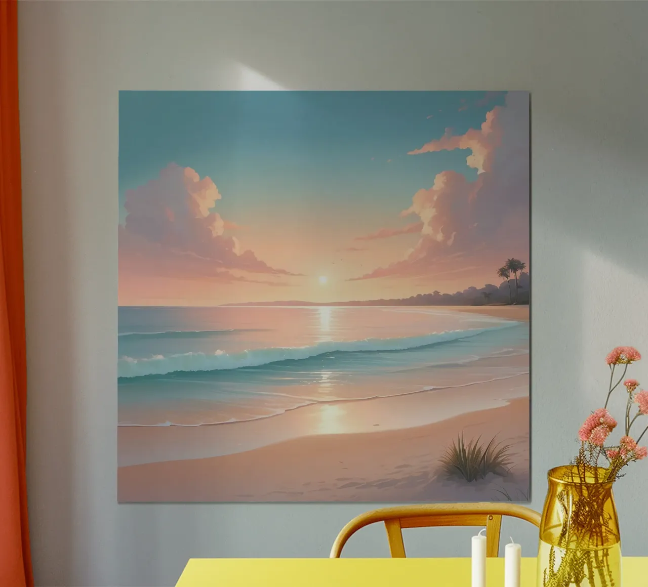 Prachtige zonsondergang over rustig strand met zachte golven hahnemühle van DesignDoodle