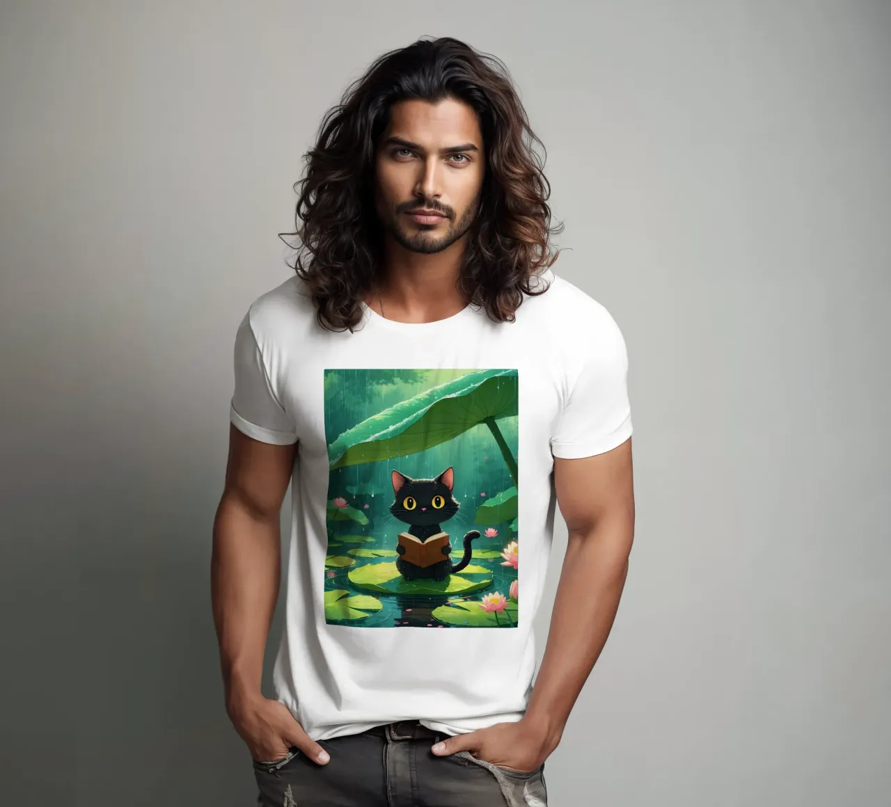 Gatto nero che legge un libro su una ninfea sotto la pioggia t-shirt da DesignDoodle