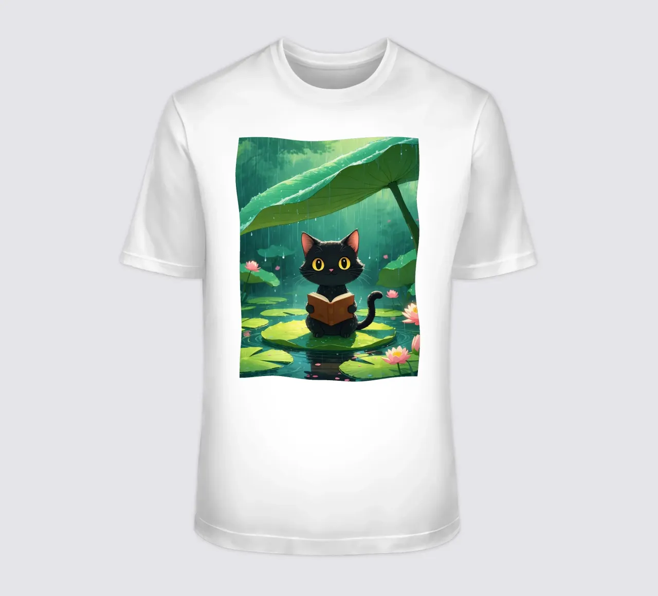 Gatto nero che legge un libro su una ninfea sotto la pioggia t-shirt da DesignDoodle