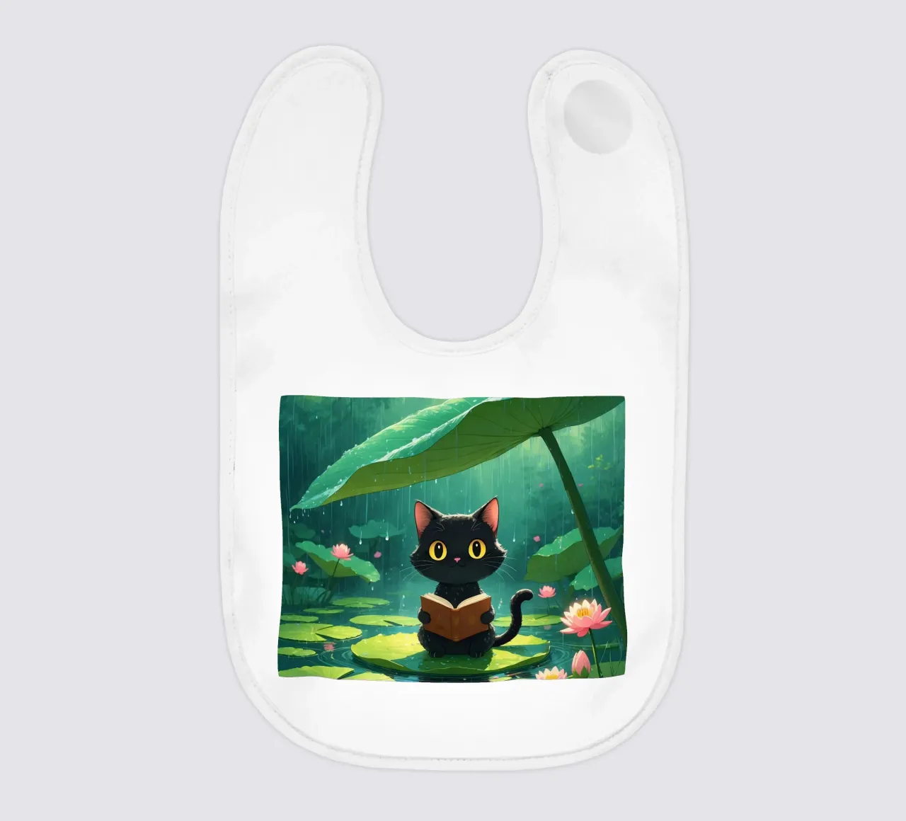 Gatto nero che legge un libro su una ninfea sotto la pioggia bavaglino da DesignDoodle