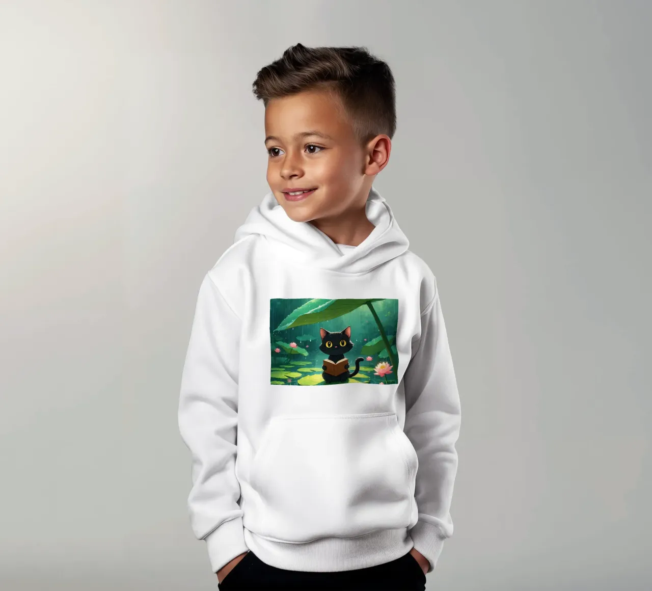 Black cat reading a book on a lily pad under rain kids hoodie by DesignDoodle