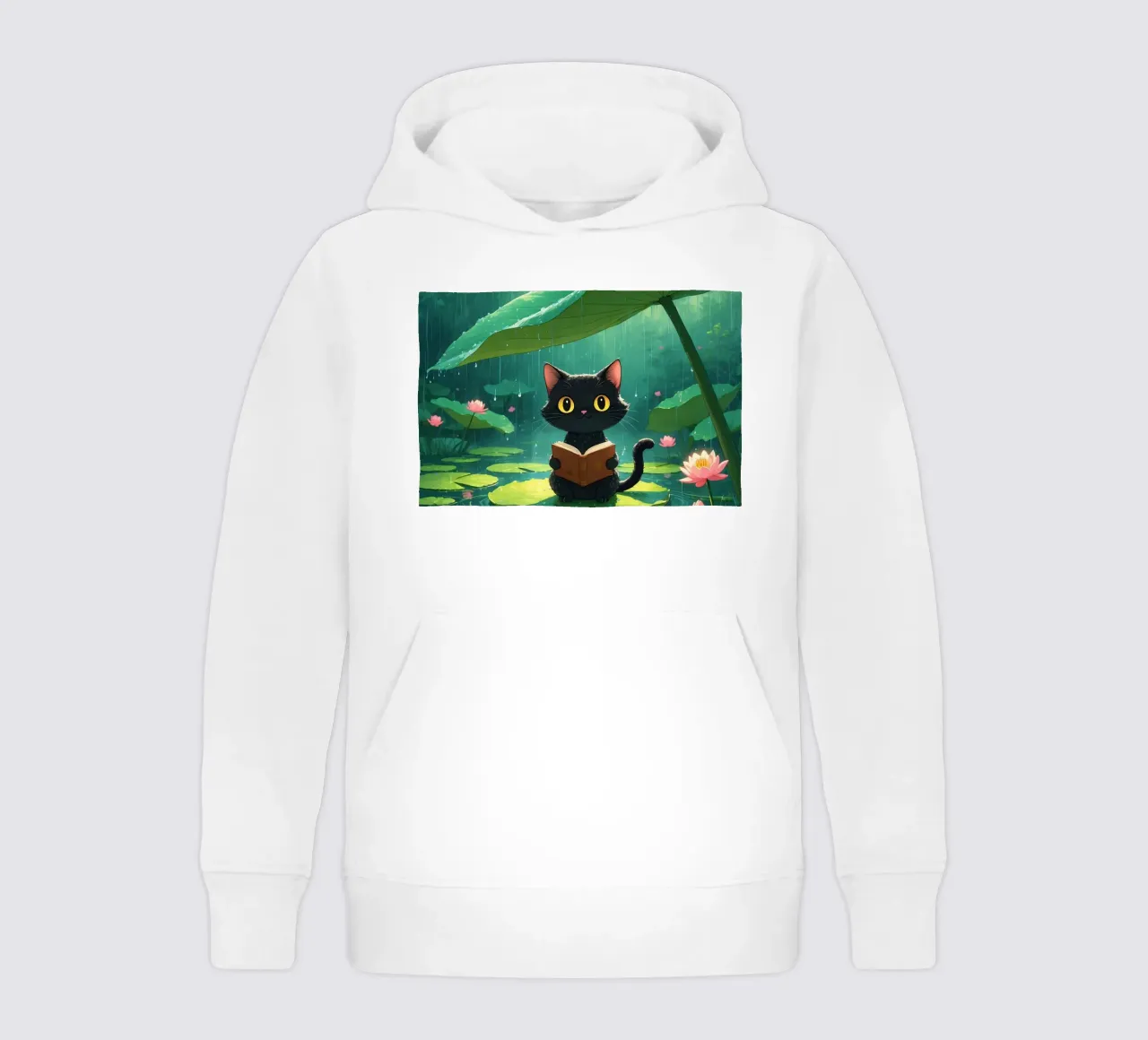 Black cat reading a book on a lily pad under rain kids hoodie by DesignDoodle