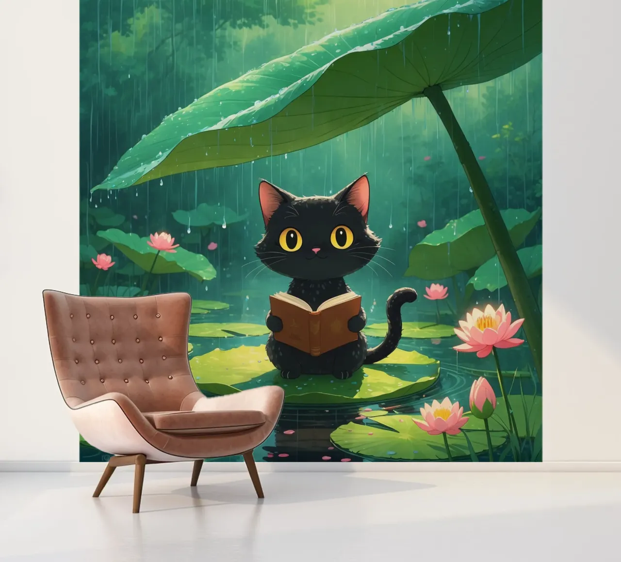 Chat noir lisant un livre sur un nénuphar sous la pluie papier peint photo de DesignDoodle