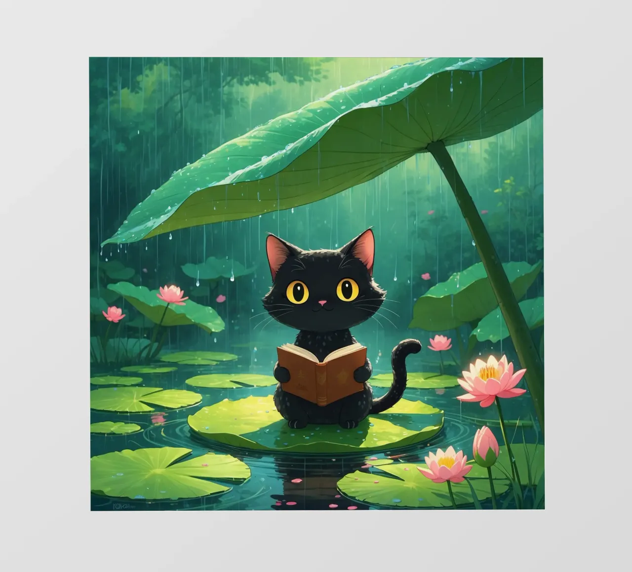 Chat noir lisant un livre sur un nénuphar sous la pluie papier peint photo de DesignDoodle
