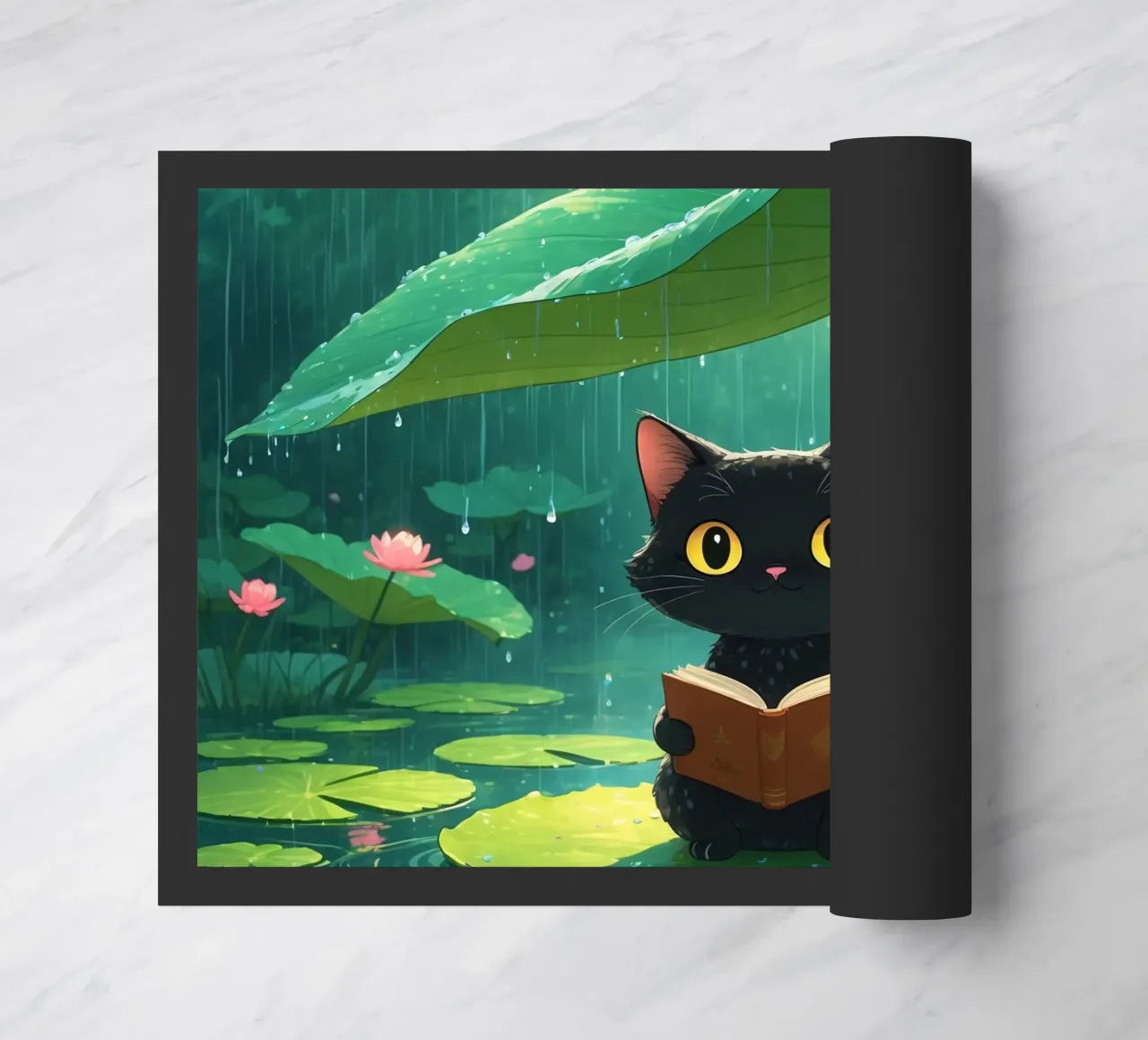 Gatto nero che legge un libro su una ninfea sotto la pioggia zerbino da DesignDoodle