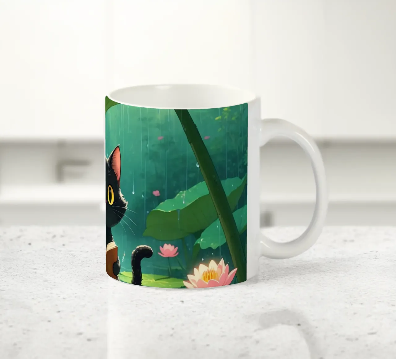 Gatto nero che legge un libro su una ninfea sotto la pioggia tazza in ceramica da DesignDoodle