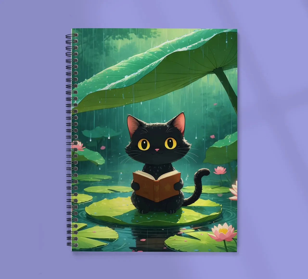 Black cat reading a book on a lily pad under rain spiral notebook by DesignDoodle