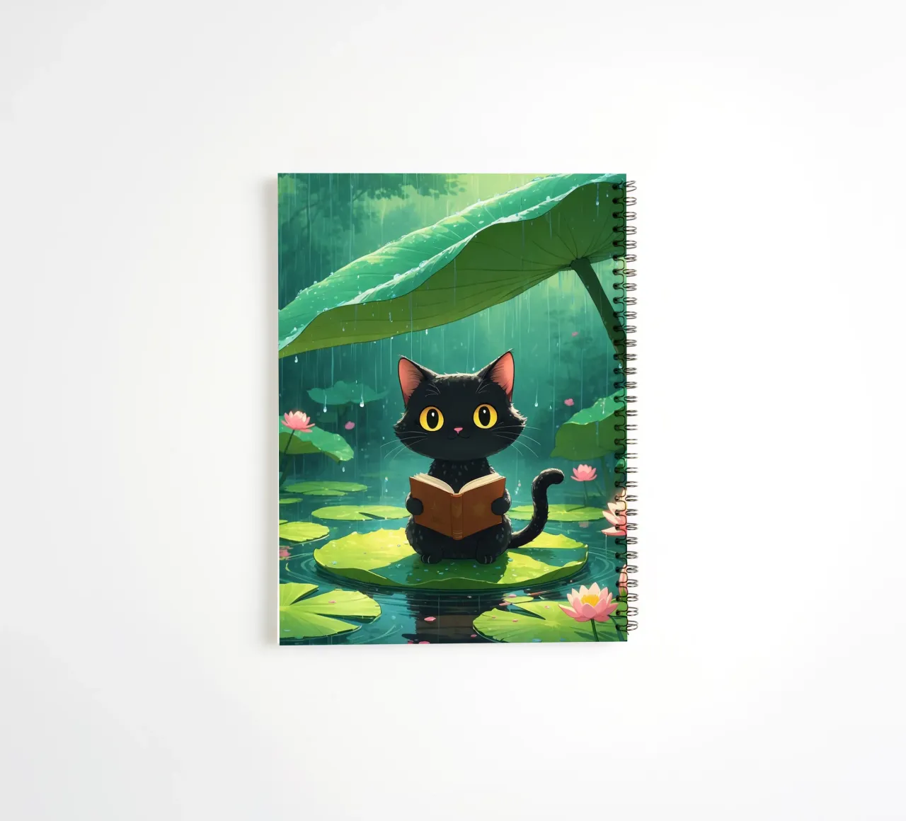 Black cat reading a book on a lily pad under rain spiral notebook by DesignDoodle