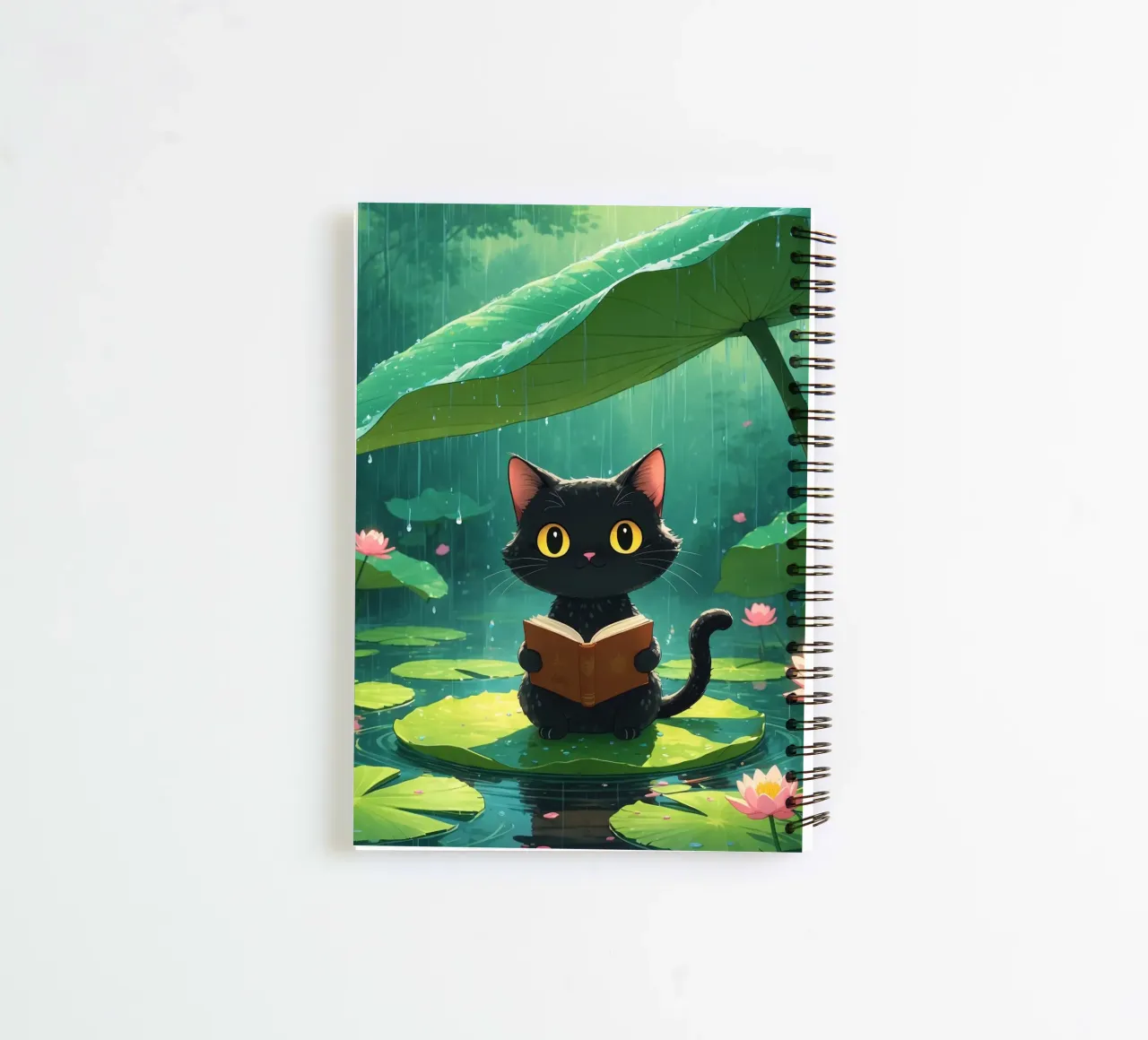 Black cat reading a book on a lily pad under rain spiral notebook by DesignDoodle