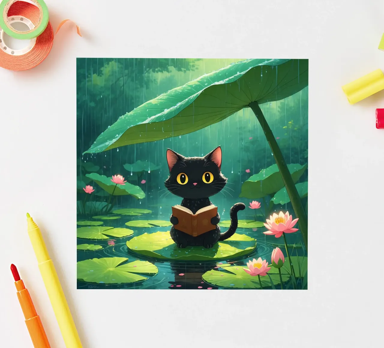 Chat noir lisant un livre sur un nénuphar sous la pluie autocollant de DesignDoodle