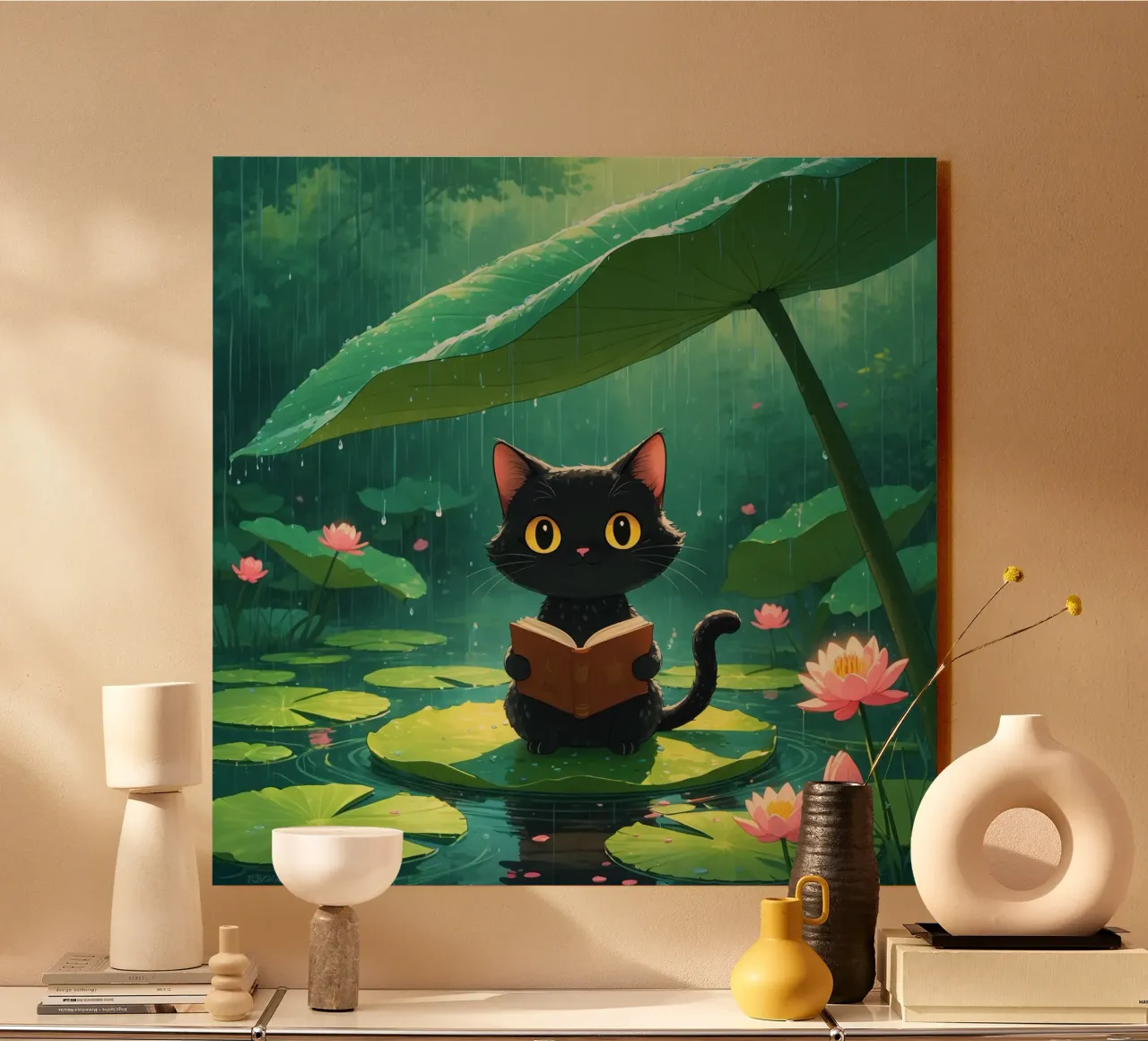 Gatto nero che legge un libro su una ninfea sotto la pioggia plexiglass da DesignDoodle