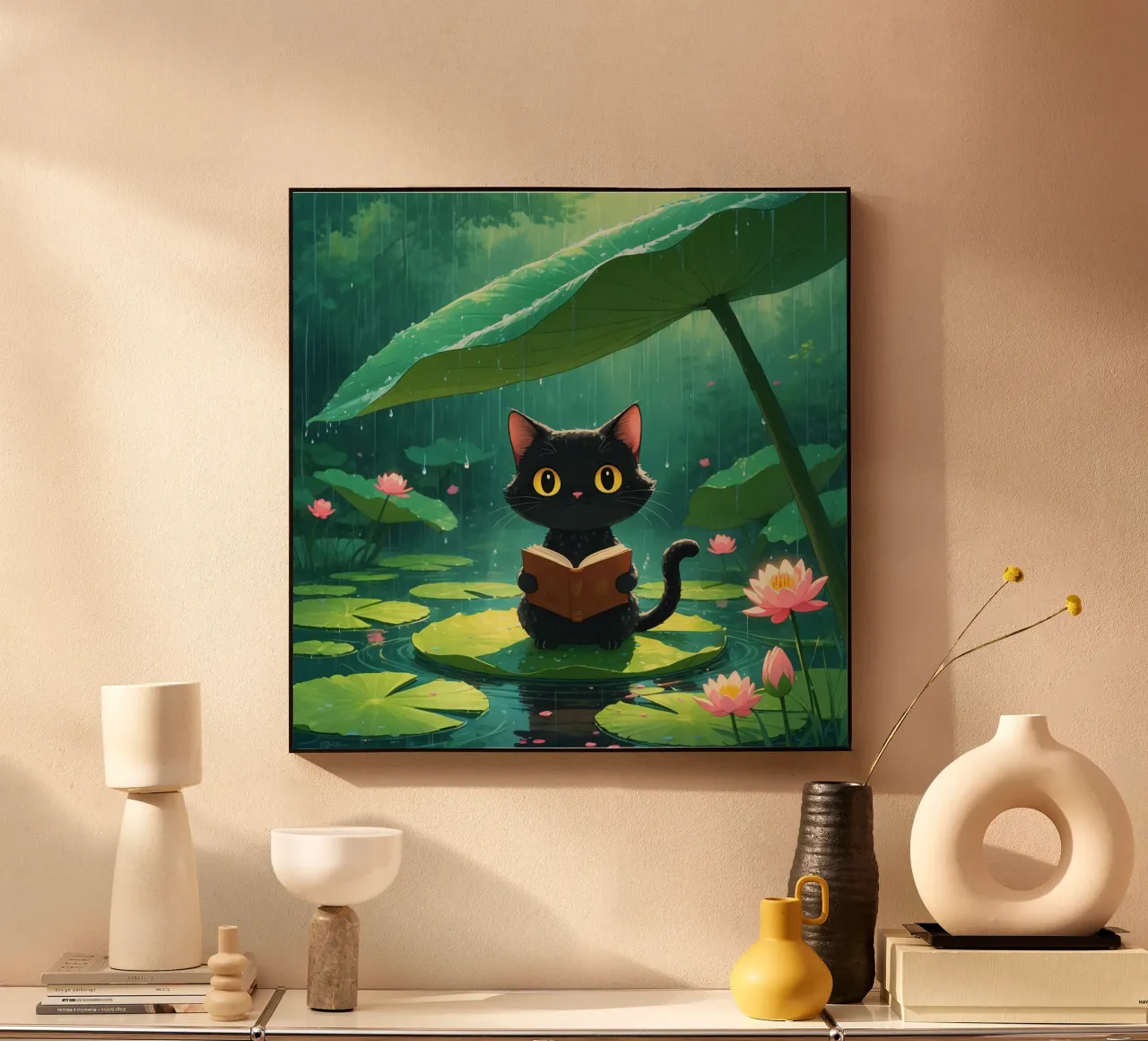 Gatto nero che legge un libro su una ninfea sotto la pioggia alluminio dibond da DesignDoodle