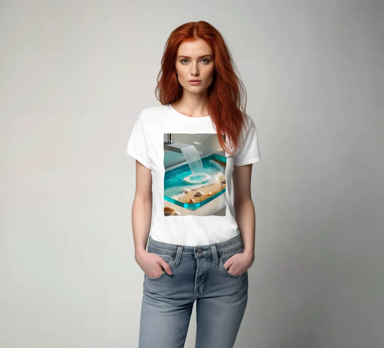 Il design del lavabo del bagno è caratterizzato da acqua che scorre e spiaggia sabbiosa t-shirt da DesignDoodle