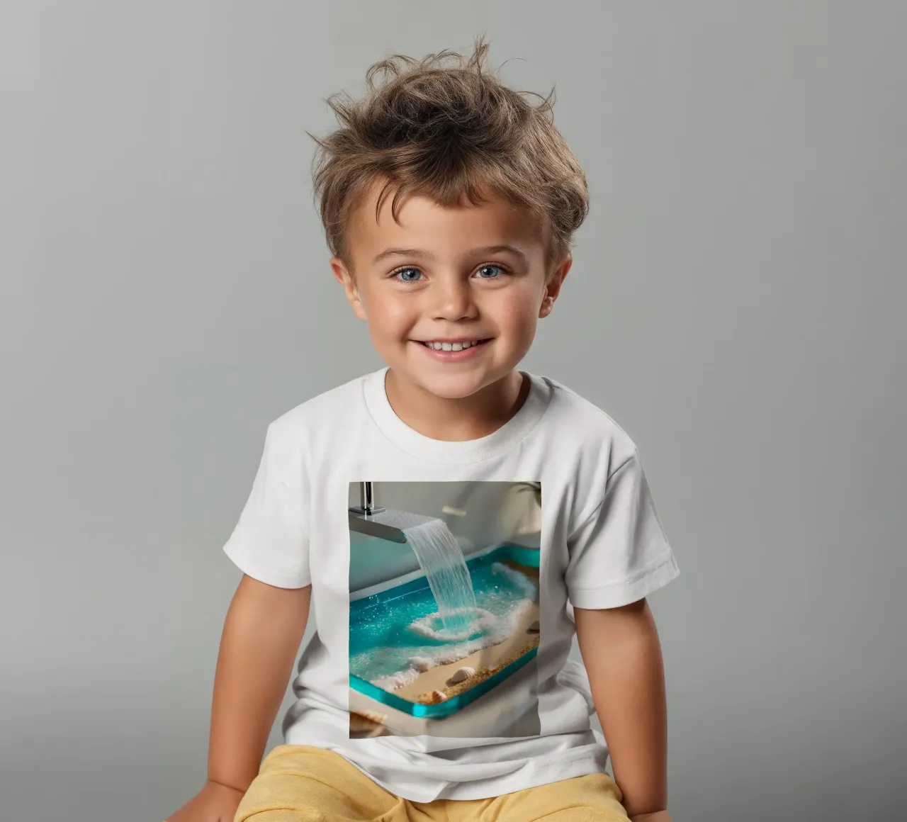Le design du lavabo de la salle de bain présente de l'eau qui coule et une plage de sable t-shirt enfant de DesignDoodle