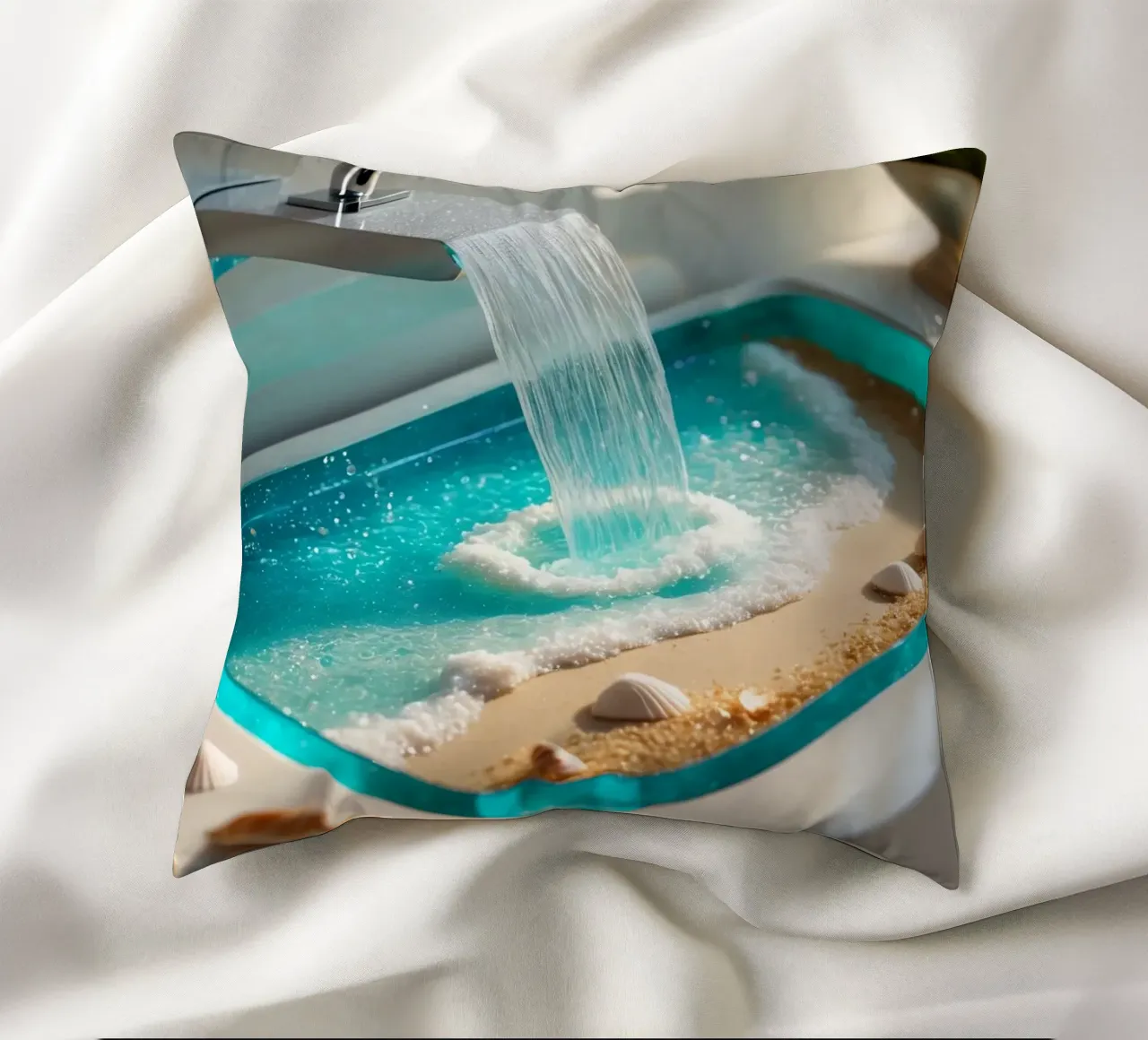 Il design del lavabo del bagno è caratterizzato da acqua che scorre e spiaggia sabbiosa cuscino da DesignDoodle