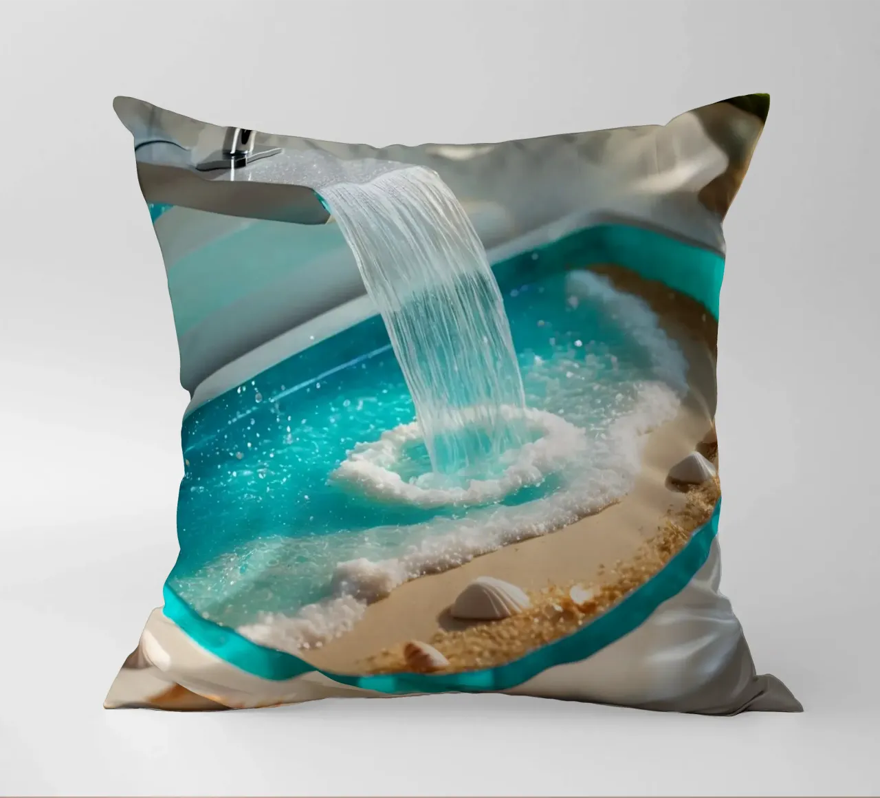 Il design del lavabo del bagno è caratterizzato da acqua che scorre e spiaggia sabbiosa cuscino da DesignDoodle