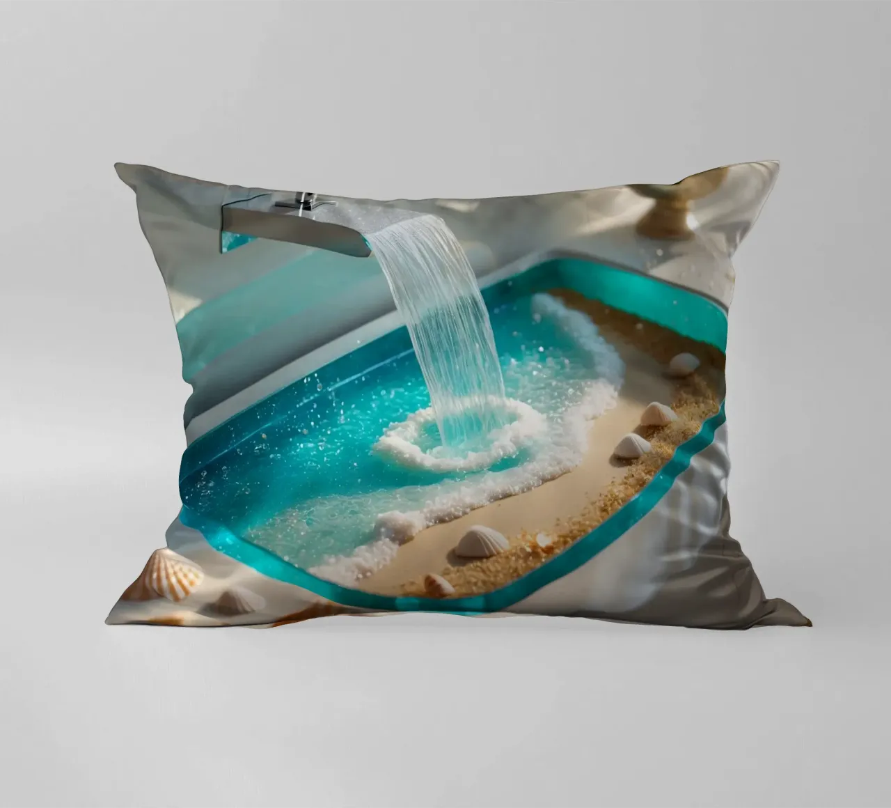 Il design del lavabo del bagno è caratterizzato da acqua che scorre e spiaggia sabbiosa cuscino da DesignDoodle
