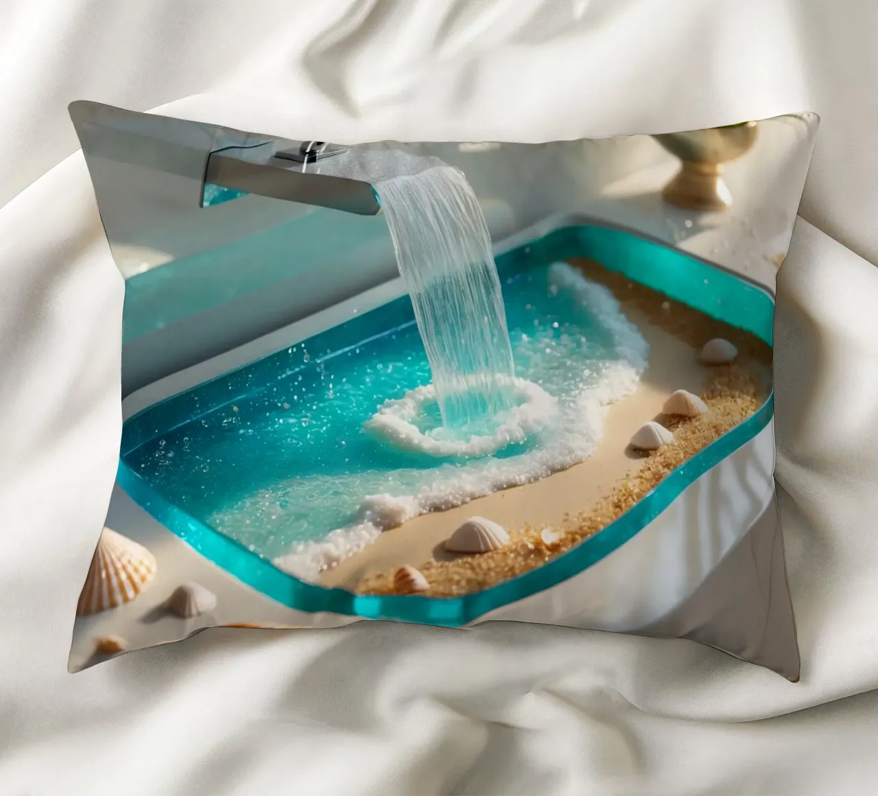 Il design del lavabo del bagno è caratterizzato da acqua che scorre e spiaggia sabbiosa cuscino da DesignDoodle