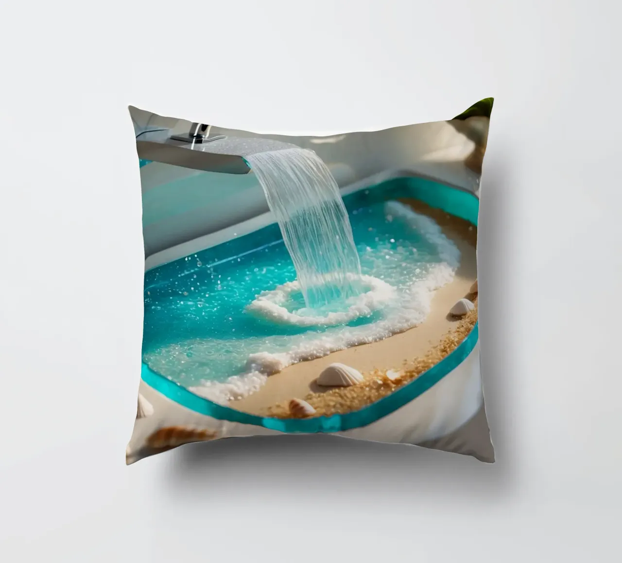 Il design del lavabo del bagno è caratterizzato da acqua che scorre e spiaggia sabbiosa cuscino da DesignDoodle