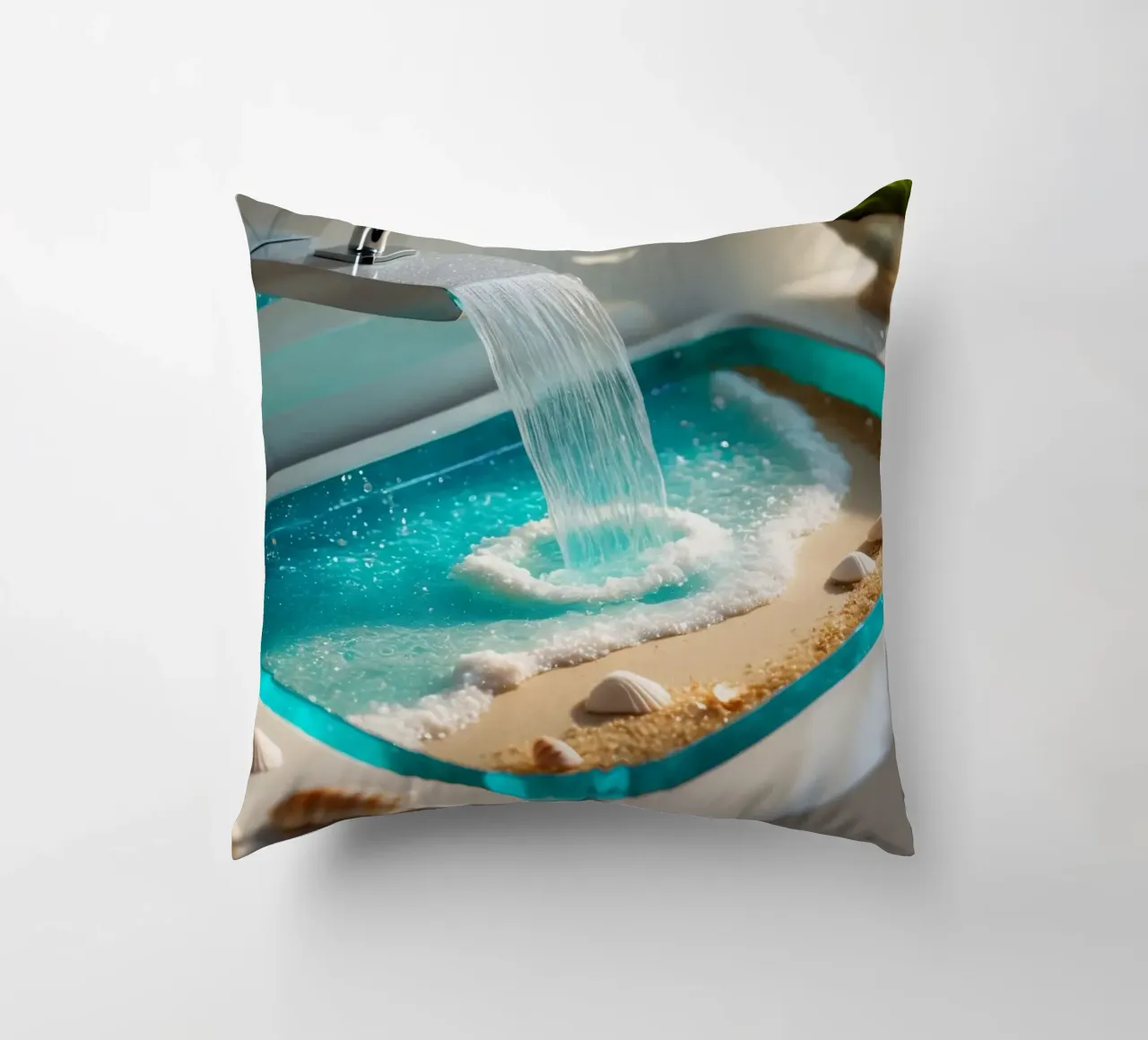 Il design del lavabo del bagno è caratterizzato da acqua che scorre e spiaggia sabbiosa cuscino da DesignDoodle