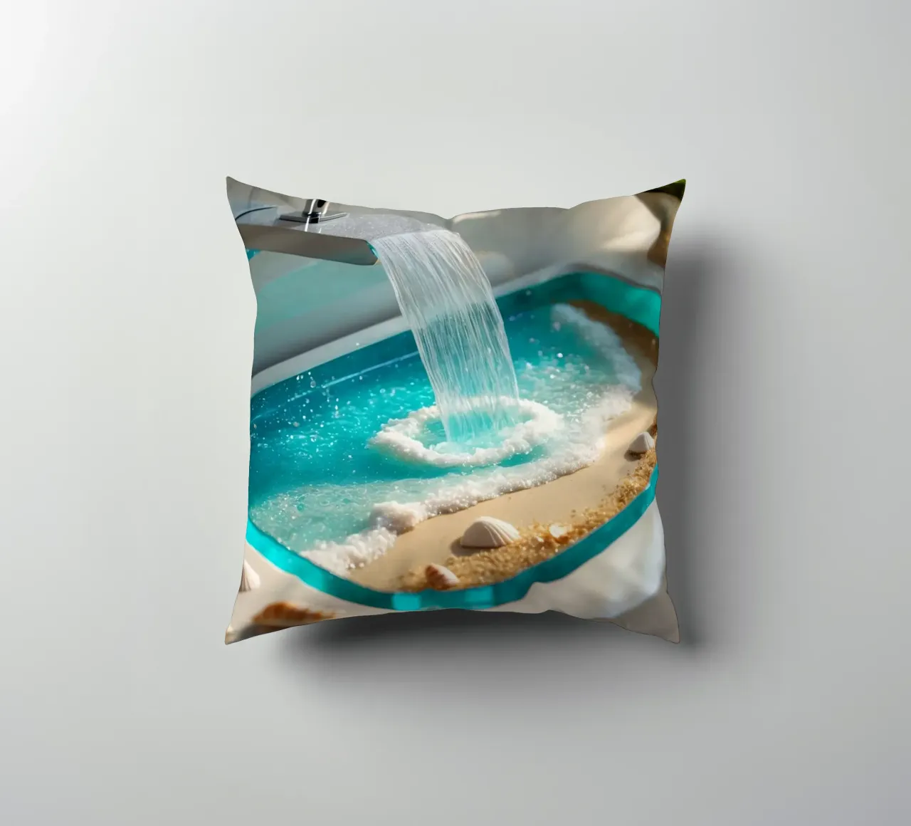 Il design del lavabo del bagno è caratterizzato da acqua che scorre e spiaggia sabbiosa cuscino da DesignDoodle