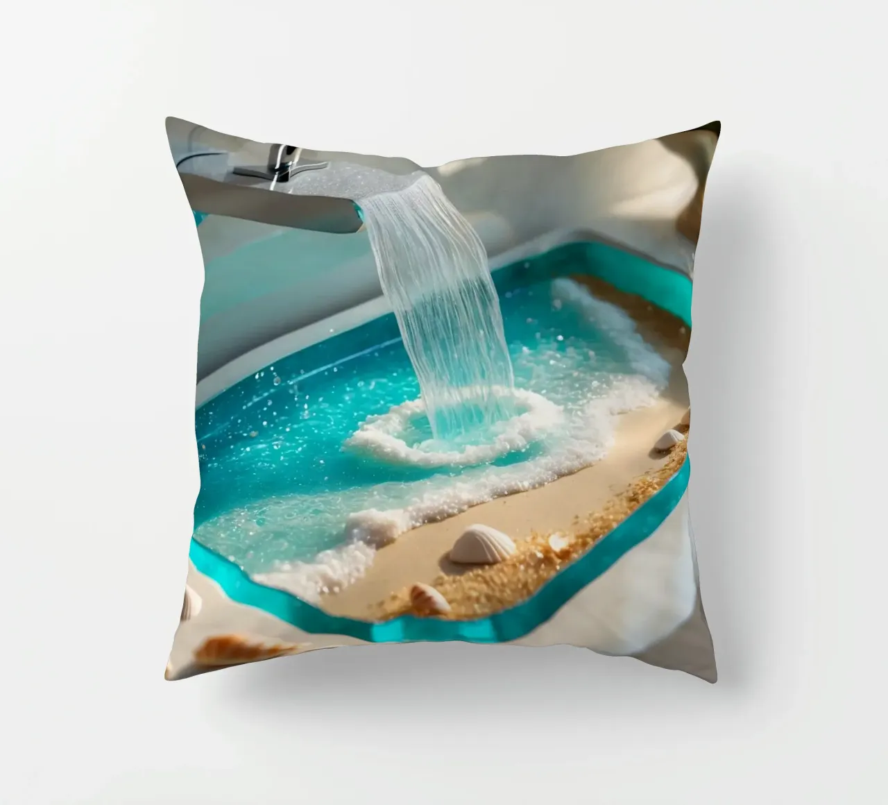 Il design del lavabo del bagno è caratterizzato da acqua che scorre e spiaggia sabbiosa cuscino da DesignDoodle