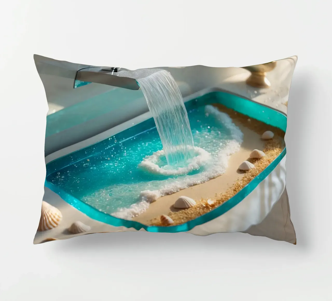 Il design del lavabo del bagno è caratterizzato da acqua che scorre e spiaggia sabbiosa cuscino da DesignDoodle