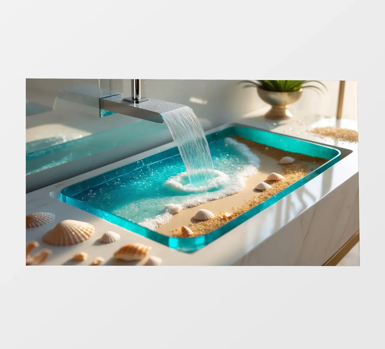 bathroom sink design features flowing water and sandy beach photo wallpaper by DesignDoodle