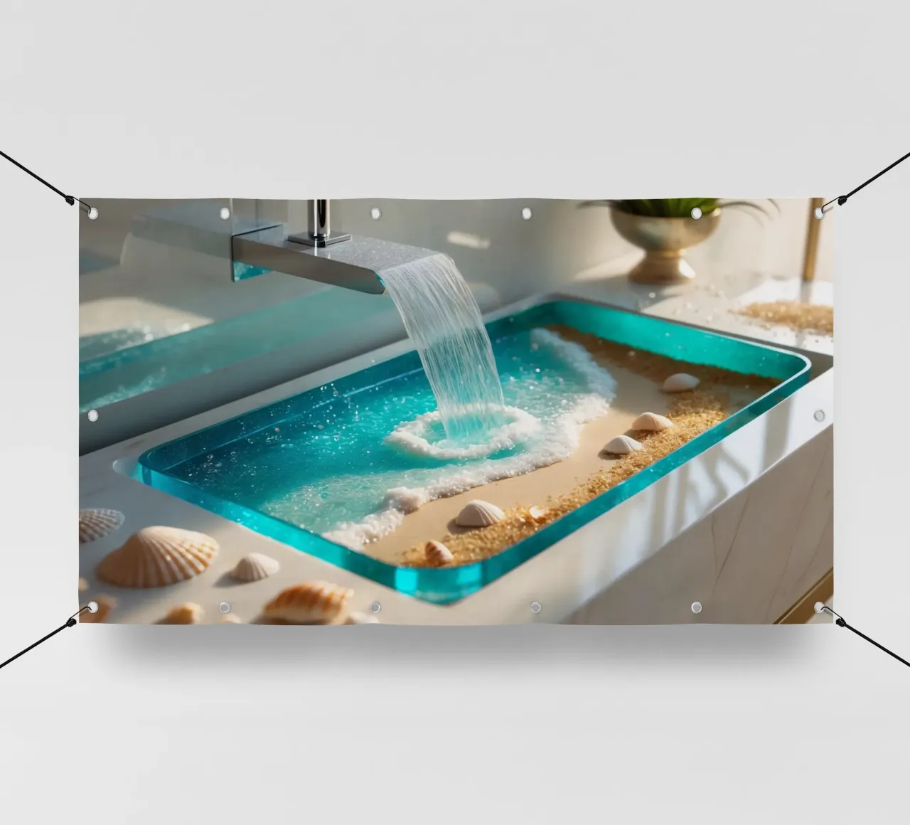 Il design del lavabo del bagno è caratterizzato da acqua che scorre e spiaggia sabbiosa telo in pvc da DesignDoodle