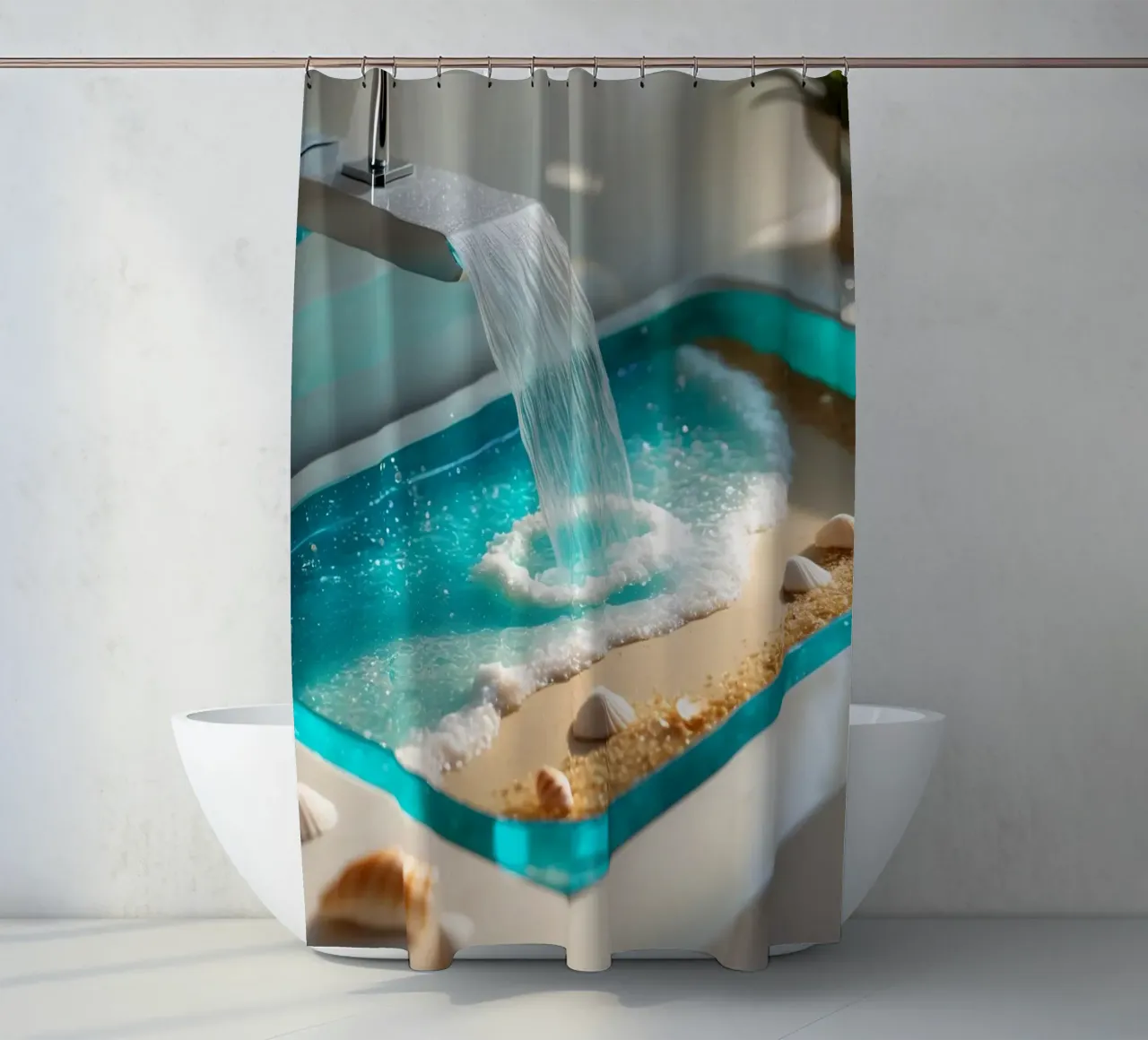 Il design del lavabo del bagno è caratterizzato da acqua che scorre e spiaggia sabbiosa tenda da doccia da DesignDoodle