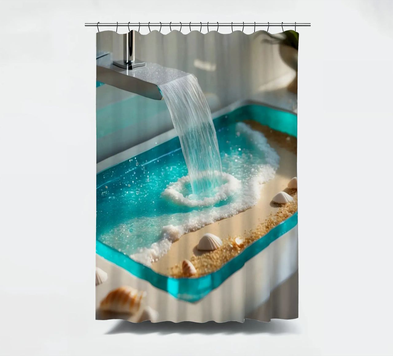 badkamer wastafel ontwerp met stromend water en zandstrand douchegordijn van DesignDoodle