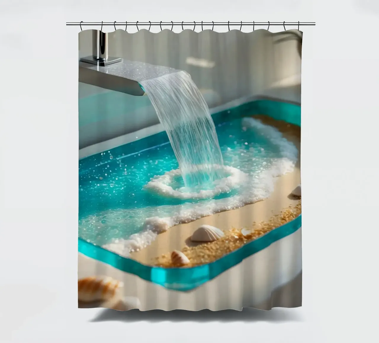 Il design del lavabo del bagno è caratterizzato da acqua che scorre e spiaggia sabbiosa tenda da doccia da DesignDoodle